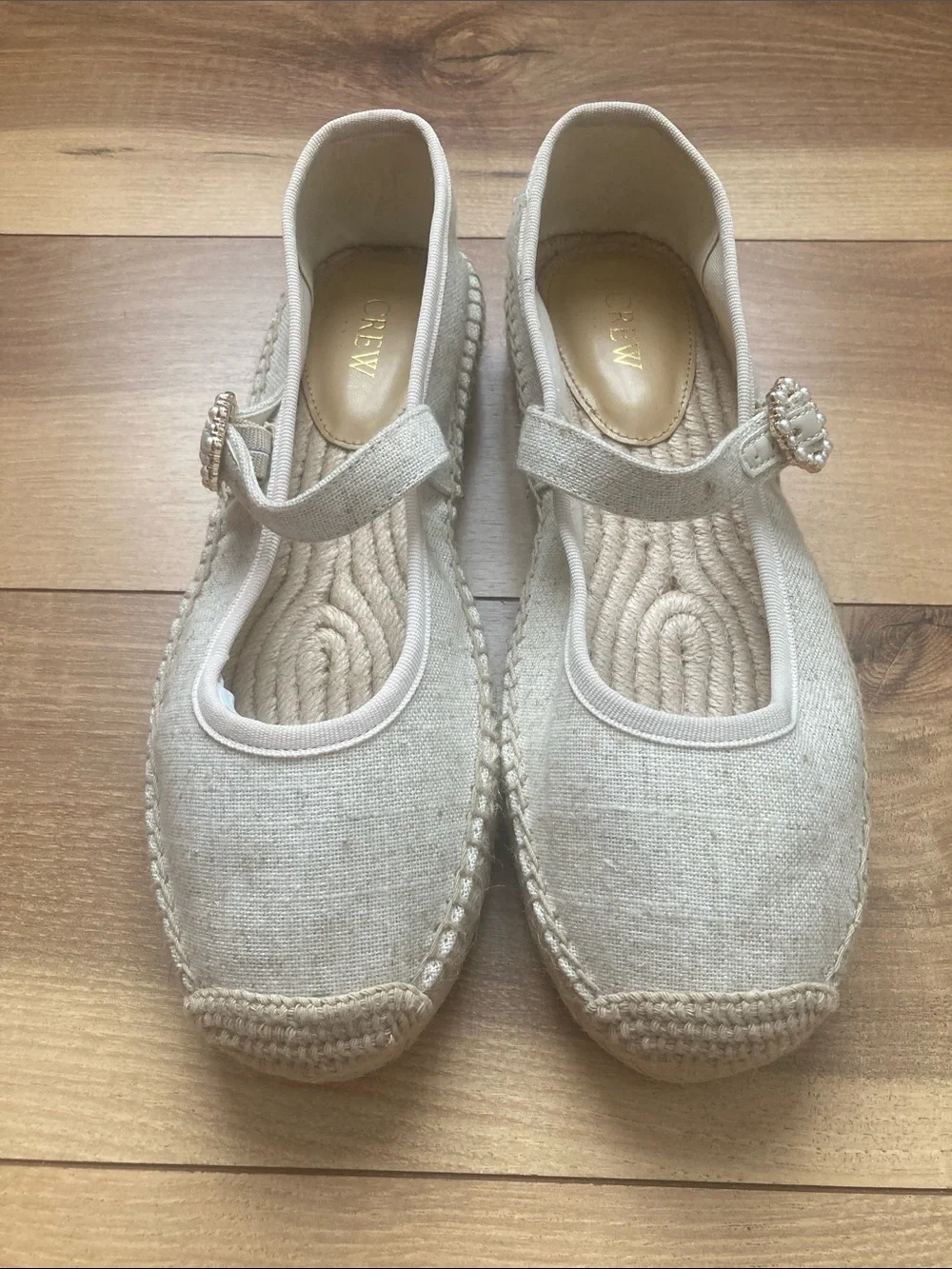 J. Crew Off White Linen Espadrille Mary Shane Flats With Pearl Buckle